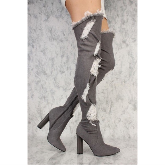 Denim Thigh High Boots Chunky Heel - Picture 3 of 4